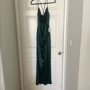 Long emerald green satin dress